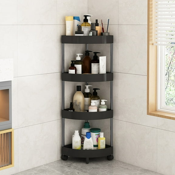 Bathroom Corner Storage Shelf Organizer 4 Tier Rolling Shower Caddy with Detachable Wheels Drainage Holes Black or White Stainless Steel 1 Piece