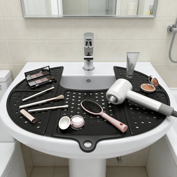 NUBILY Foldable Silicone Makeup Mat for Bathroom Sink Cover - Counter Space Organizer, Non-Slip RV & Vanity Space Saver, 19.75" x 15", Black