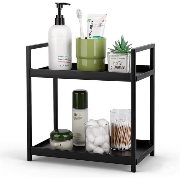 Bathroom Counter Organizer 2 Tier Vanity Storage Countertop Shelf Makeup Organizer Perfume Tray Skincare Holder for Sink, Dresser, Kitchen, Small Black