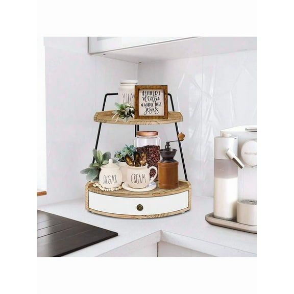 Bathroom Counter Organizer 2 Tier Wood Vanity Tray with Drawer, Corner Storage Shelf for Cosmetics and Makeup, Kitchen Spice Rack and Coffee Station Organizer