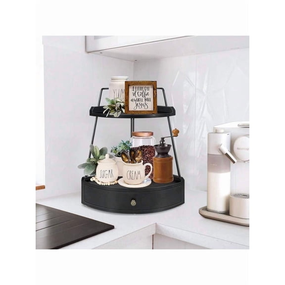 Bathroom Counter Organizer 2 Tier Wood Vanity Tray with Drawer, Corner Storage Shelf for Cosmetics and Makeup, Kitchen Spice Rack and Coffee Station Organizer