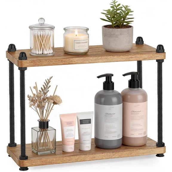 Bathroom Counter Organizer, 2 Tier Wooden Shelf for Countertop Skincare Makeup, Rustic Bathroom Decor Storage and Organization for Kitchen, Coffee Bar, Office, Light Brown