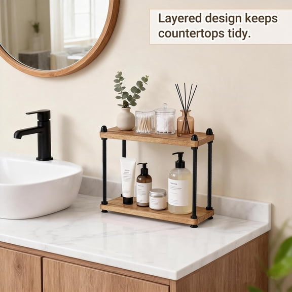 Bathroom Counter Organizer, 2 Tier Wooden Shelf for Vanity Countertop Skincare Makeup, Rustic Bathroom Decor Storage and Organization for Kitchen, Coffee Bar, Office, Light Brown