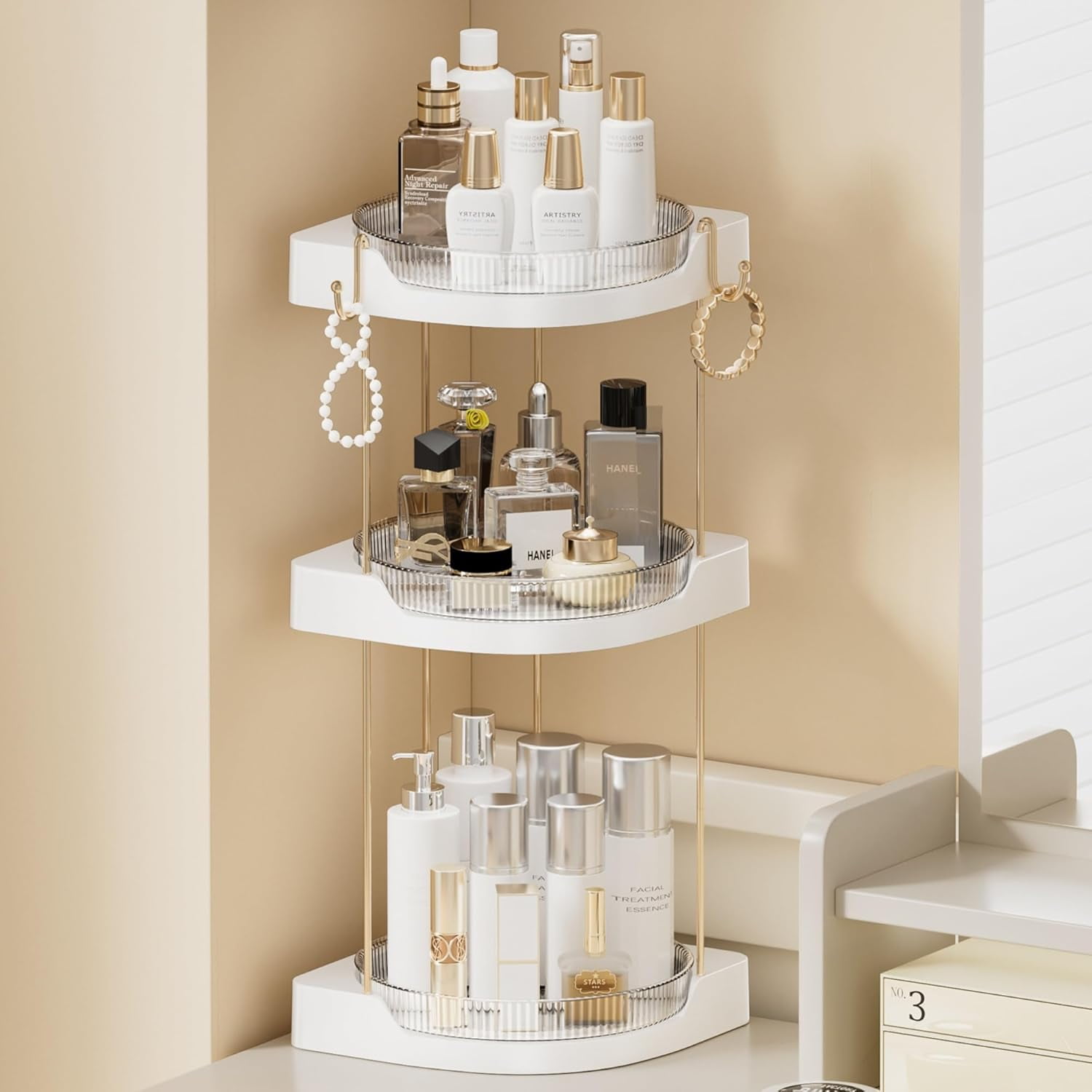 Bathroom Counter Organizer Corner - 3 Tier Rotating Makeup and Skincare ...