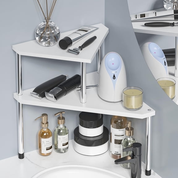 Bathroom Counter Organizer Over Sink for Toiletries, Makeup, Kitchen Countertop Organizer Spice Rack for Salt, 2-Tier Corner Counter Shelf for Coffee Area Storage Dresser Table(Black)