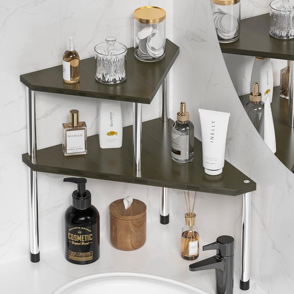 Bathroom Counter Organizer Over Sink for Toiletries, Makeup, Kitchen Countertop Organizer Spice Rack for Salt, 2-Tier Corner Counter Shelf for Coffee Area Storage Dresser Table(Black)