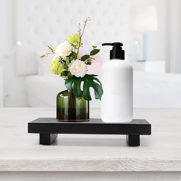 Bathroom Counter Organizer Tray Decorative Wood Display Pedestal Stand Kitchen Counter Soap Tray Wooden Risers for Sink Accessories Vanity Black Bathroom Decor Dish Soap Holder