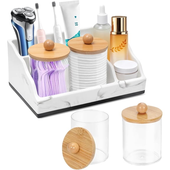 Bathroom Counter Organizer, White Marble Toothbrush Holders for Bathrooms with 2PCS Qtip Holder, Bathroom Organizer Countertop Toothbrush and Toothpaste Holder for Makeup Organizer for Vanity