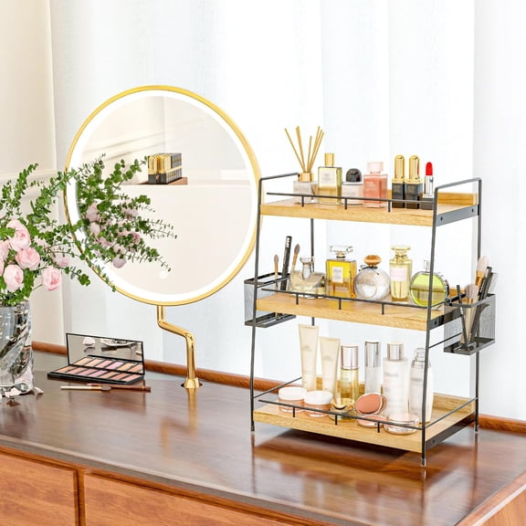 Bathroom Counter Organizer with Baskets, 3-Tier Corner Vanity Shelf for Makeup and Toiletries Storage