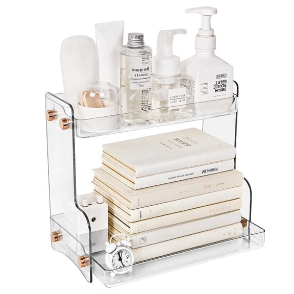 2 Tier transparent shelves, countertop storage, U-shaped design, metal fasteners made of PET material, ideal for kitchens and bathrooms