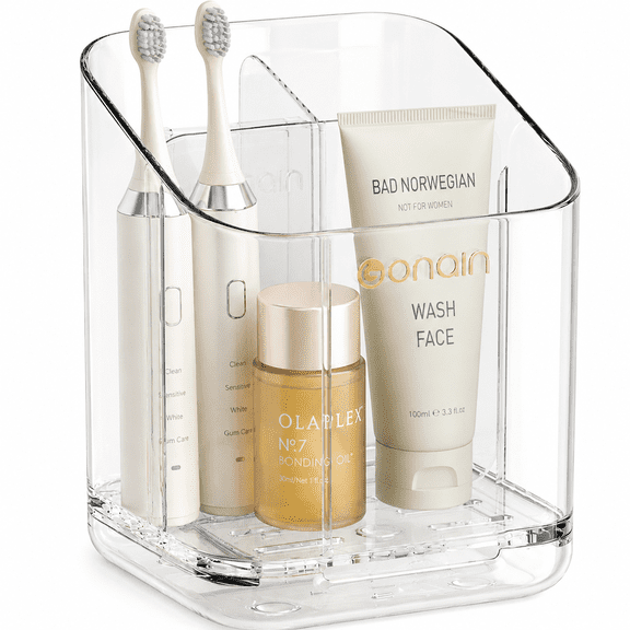 Bathroom Countertop Organizer, 3 Slots Toothbrush Holder and Skincare Storage Caddy with Removable Divider and Drip Tray, Clear PET Bathroom Organizer for Vanity Counter