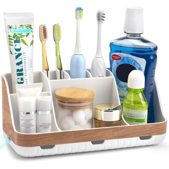 Bathroom Countertop Organizer - Detachable 7 Slots Kids Electric Toothbrush and Toothpaste Holde Drainage for Bathroom Accessories Organization Counter Vanity Storage, Woodgrain