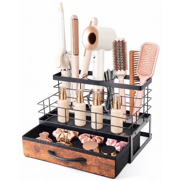 Hair Tool and Makeup Organizer, Bathroom Countertop Storage Rack with Drawer, Black
