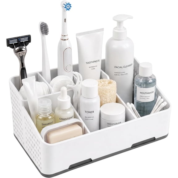 Bathroom Countertop Organizer PP ABS Plastic Toiletry Storage Caddy with Vent Holes Drain Slots Wire Pass Hole Divided Holder for Electric Toothbrush Skincare Shower Supplies Vanity Sink Organization