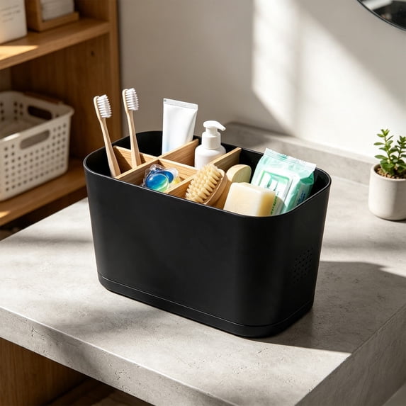 Bathroom Countertop Organizer, Toothbrush Holder Storage Box with Removable Dividers, Vanity Makeup Organizer, Multi-Compartment Desktop Storage Box for Bathroom, Desk, and Dormitory