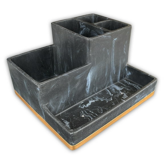 Bathroom Countertop Organizer with Tray, Large Size Toothbrush Holder Organizer, Vanity Storage for Bathroom, 5 Different Size Compartments, Resin in Black Marble with Metalic Gold Bottom