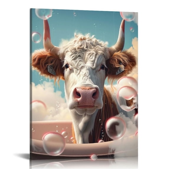 Bathroom Cow Decor Wall Art, Highland Cow Rustic Style Decor Modern Artwork Country Painting Canvas Print, Farmhouse Home Bathroom Decor Funny Animal Poster Bathroom Signs