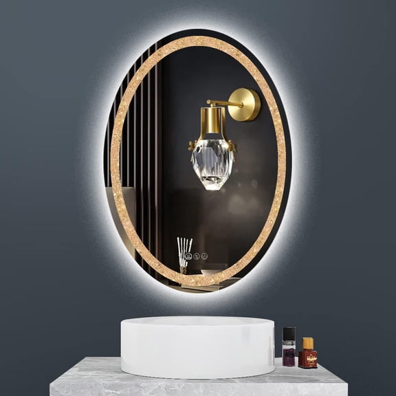 Bathroom Crystal Oval Vanity 24 x 32 inch Mirror with Lights 3 Color Crystal Oval Lighted Mirror for Bathroom Wall decorative mirrors for wall decor Dimmable AntiFog Diamond 32 Crystal Smart mirrors