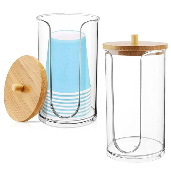 Bathroom Cup Dispenser Holder for Disposable Paper Cup with Bamboo Lid, Mouthwash Cup Holder for Bathroom, Guest Room (Transparent,2Pcs)