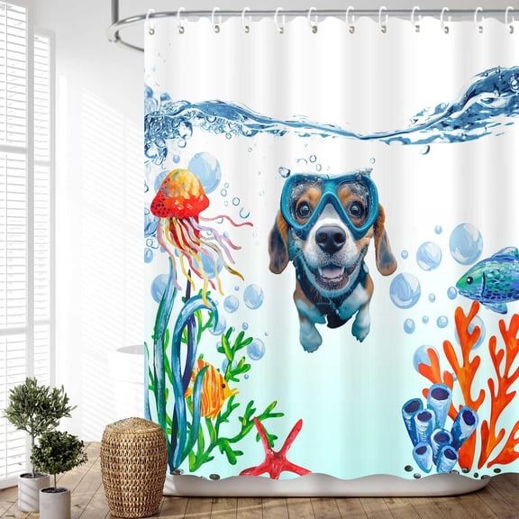 Bathroom Curtain Funny Dog Shower Curtain for Bathroom Teal Blue Sea Ocean Fabric Kids Shower Curtains Animal Octopus Starfish Fish Nautical Polyester Cloth Bathroom Curtain with Hooks, 72X72in