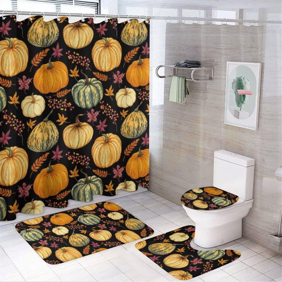 Bathroom Curtain and Rug Set, Autumn Harvest Pattern Printed on Bath Sets for Bathroom Accessories, Great for Master Bath Beach House Modern Home, 72 x 72 inches