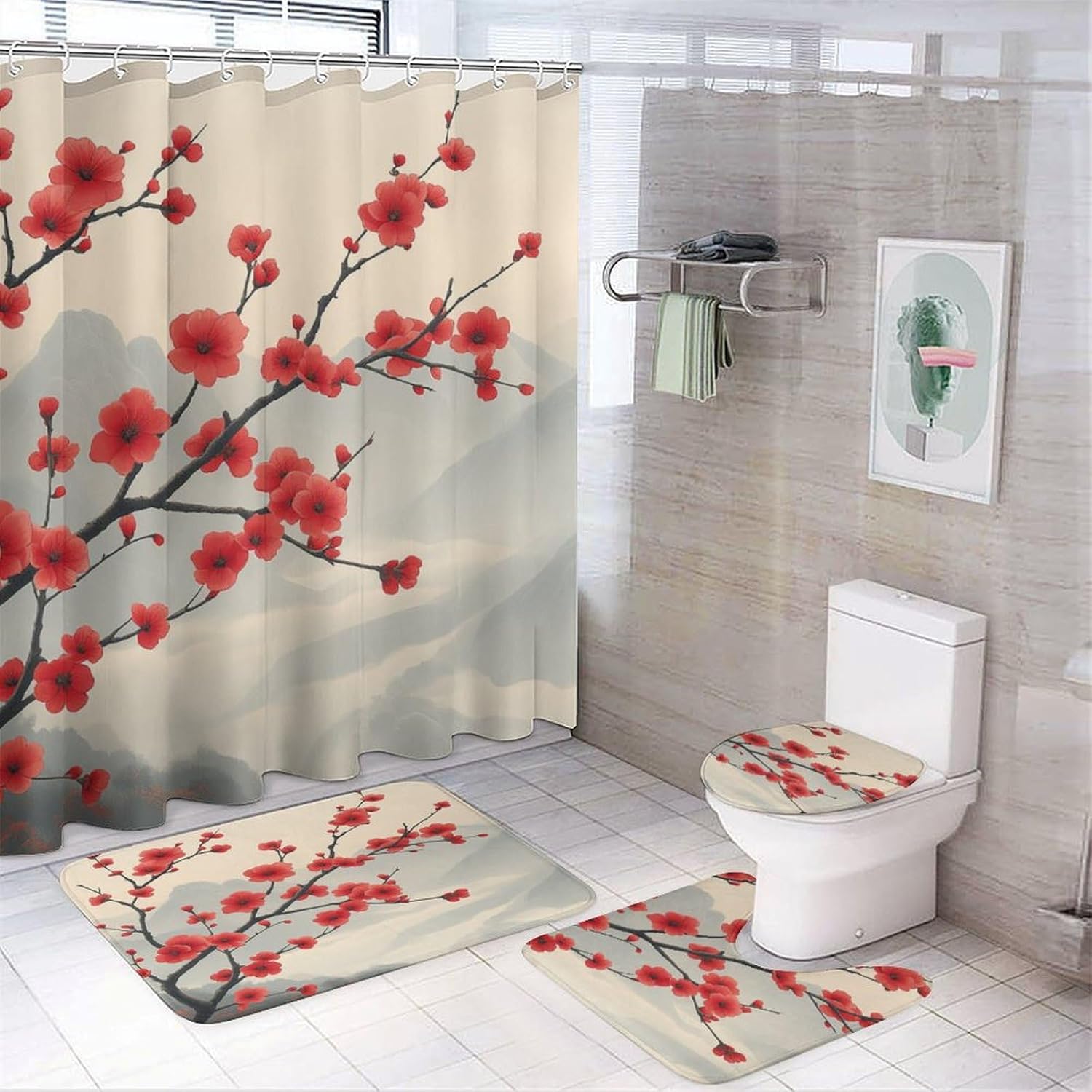 Bathroom Curtain and Rug Set, Christmas Poinsettia Pattern Printed on