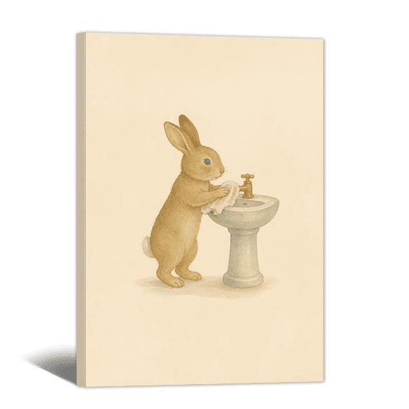 Bathroom Cute Animal Canvas Wall Art Rabbit Clean Sink Picture Print, Rustic Serene Artwork Tranquil Style Painting for Shower Room Restroom Home Decor