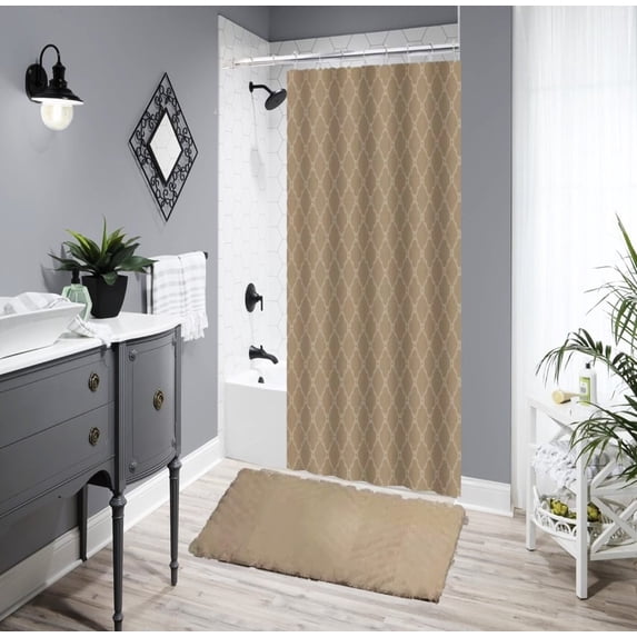 Bathroom Décor Bathtub Shower Curtain With 12 Hooks and Matching Bath Mat Rug Non Slip Super Soft Chenille Damask Taupe 14 pieces