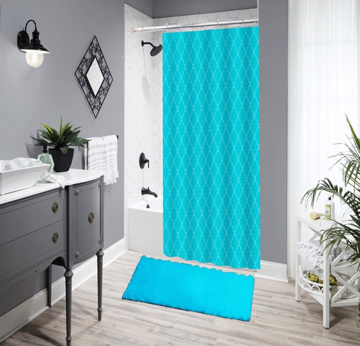 Bathroom Décor Bathtub Shower Curtain With 12 Hooks and Matching Bath Mat Rug Non Slip Super Soft Chenille Damask Turquoise 14 pieces
