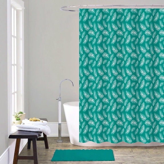 Bathroom Décor Bathtub Shower Curtain With 12 Hooks and Matching Bath Mat Rug Non Slip Super Soft Chenille Feathers Teal 14 pieces