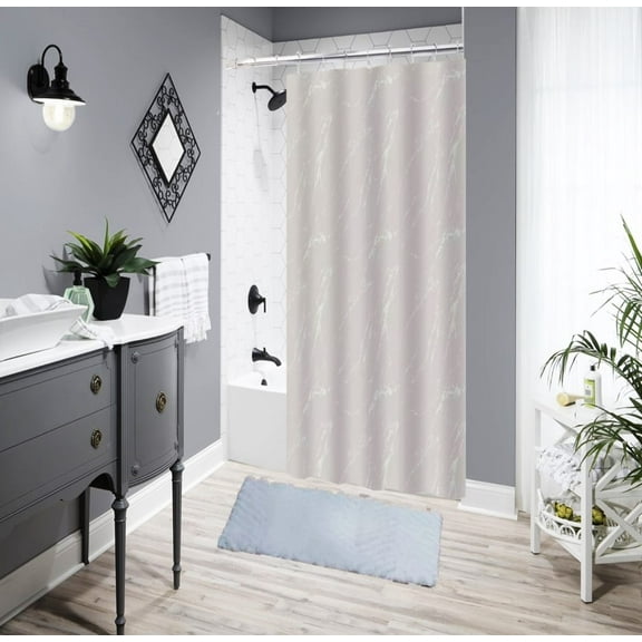 Bathroom Décor Bathtub Shower Curtain With 12 Hooks and Matching Bath Mat Rug Non Slip Super Soft Chenille Glitter Silver 14 pieces