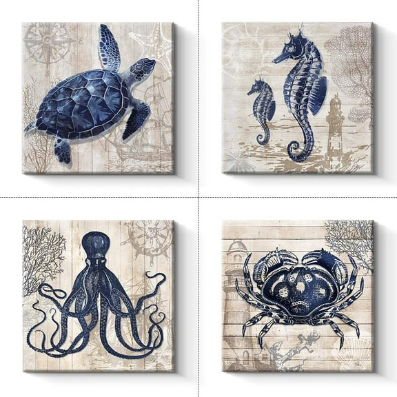 Bathroom Decor 4 Panel Canvas Wall Art - Marine Theme Canvas Prints Sea Animal Octopus Crab Seaturtle Seahorse Decor Pictures Livingroom Posters - 12 x 12 x 4 pcs