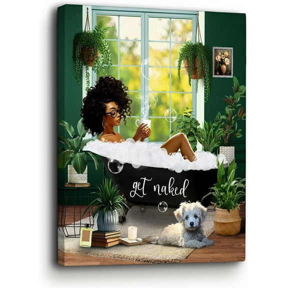 Bathroom Decor African American Wall Art Black Girl In Bathtub Canvas Wall Art Picture Modern Green Botanical Wall Decor Black Woman Unframed Artwork For Bathroom Bedroom