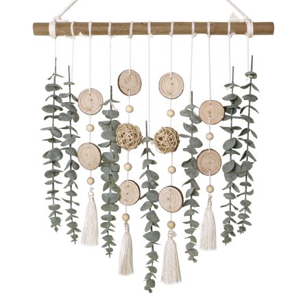 Bathroom Decor Artificial Eucalyptus Greenery Hanging Wall Decor Faux Eucalyptus Leaves Hanging Plant on Wooden Stick with Wicker Ball Rustic Farmhouse for Bedroom Nursery Boho Wall Decorations