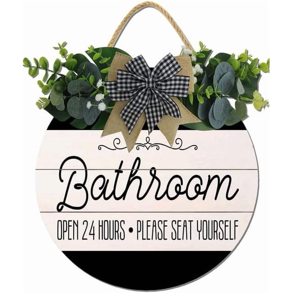 Bathroom Decor,Bathroom Open 24 Hours Please Seat Yourself Sign,Rustic Round Wooden Wreath Sign,Modern Farmhouse Home Accent For All The Seasons