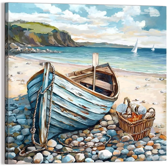 Bathroom Decor Beach Wall Art Ocean Theme Blue Picture Canvas Print Modern Coastal Artwork Framed Hanging Dining Office Living Room