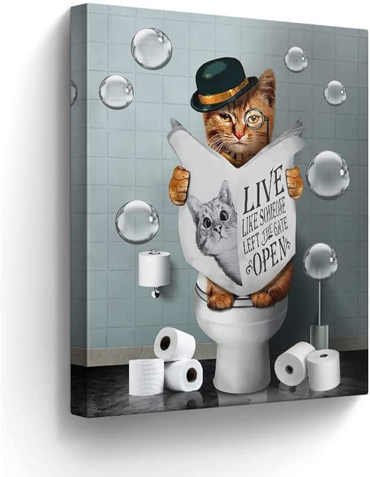 Bathroom Decor Canvas Wall Art Cute Cat Sitting in Toilet Reading Newspaper  Pictures Farmhouse Bathroom Animals Wall Decor Painting for Bathroom Toilet  Artwork Framed 12