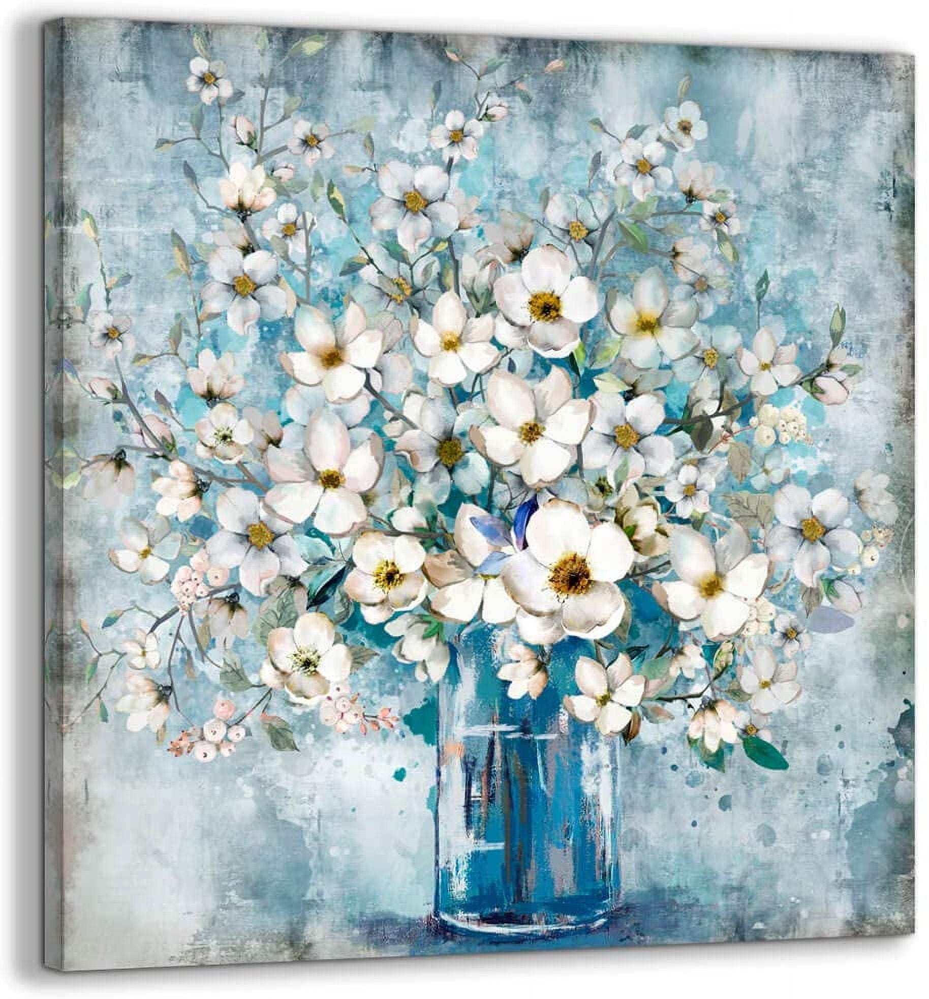 Bathroom Decor Canvas Wall Art Framed Wall Decoration Modern Gallery Wall Decor Print White Flower In Blue Bottle Theme Picture Artwork for Walls Ready To Hang for Kitchen Bedroom Decor