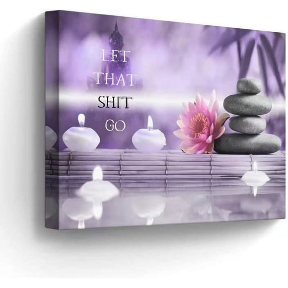 Bathroom Decor Canvas Wall Art Funny Bathroom Sign Wall Decor Zen Lotus Flower Stone Candle Sand Spa Painting for Bathroom Yoga Room Purple Bathroom Artwork Framed 12"x16"