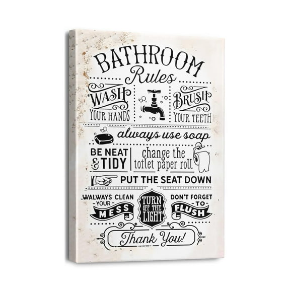 Bathroom Decor Canvas Wall Art Rustic Bathroom Rules Sign Picture Bathroom Wall Decor Painting Framed Modern Artwork for Bathroom Toilet Laundry Room Decor 12x16 Inch