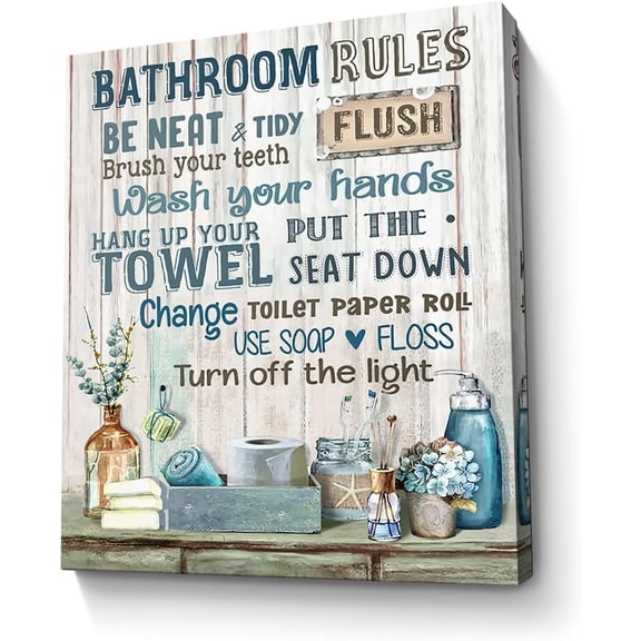 Bathroom Decor Canvas Wall Art Rustic Bathroom Rules Sign Picture Blue Bathroom Wall Decor Painting Framed Modern Artwork for Bathroom Toilet LaundryRoom Decor 16x20 inch
