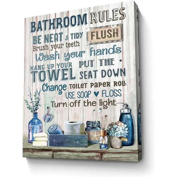 Bathroom Decor Canvas Wall Art Rustic Bathroom Rules Sign Picture Navy Blue Bathroom Wall Decor Painting Framed Modern Artwork for Bathroom Toilet LaundryRoom Decor 12x16 inch