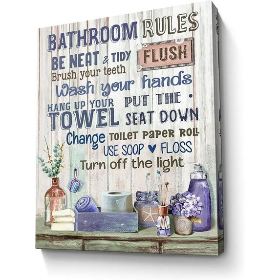 Bathroom Decor Canvas Wall Art Rustic Bathroom Rules Sign Picture Purple Bathroom Wall Decor Painting Framed Modern Artwork for Bathroom Toilet LaundryRoom Decor 12x16 inch