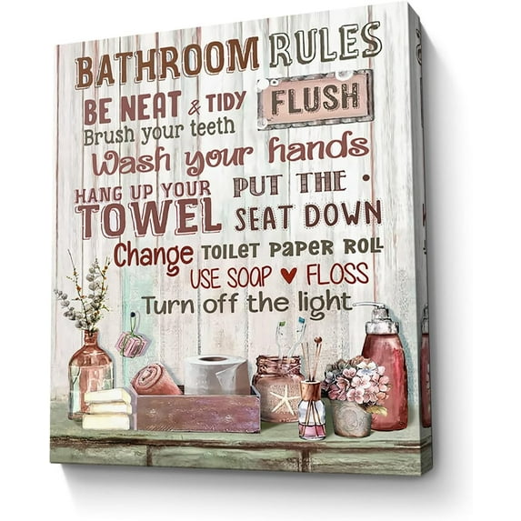 Bathroom Decor Canvas Wall Art Rustic Bathroom Rules Sign Picture Red Bathroom Wall Decor Painting Framed Modern Artwork for Bathroom Toilet LaundryRoom Decor 16x20 inch