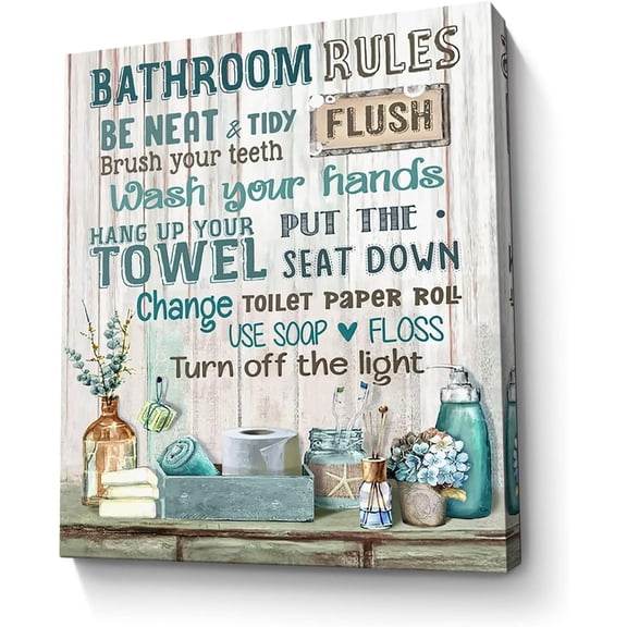 Bathroom Decor Canvas Wall Art Rustic Bathroom Rules Sign Picture Turquoise Bathroom Wall Decor Painting Framed Modern Artwork for Bathroom Toilet LaundryRoom Decor 16x20 inch