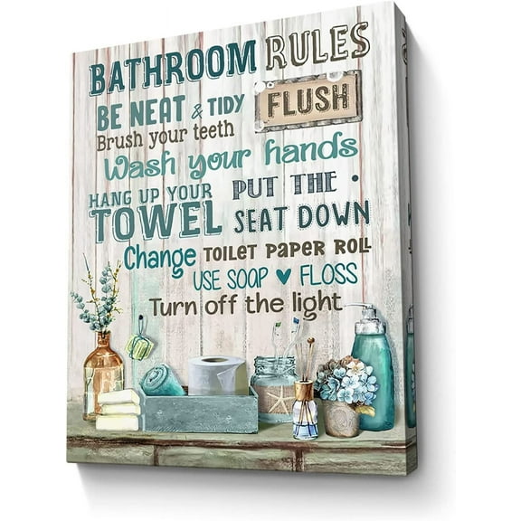 Bathroom Decor Canvas Wall Art Rustic Bathroom Rules Sign Picture Turquoise Bathroom Wall Decor Painting Framed Modern Artwork for Bathroom Toilet LaundryRoom Decor 12x16 inch
