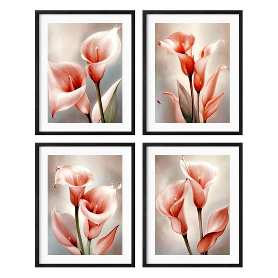 Bathroom Decor Floral Wall Art Set of 4, Framed Flower Wall Art, Botanical Leaf Decor, Plant Wall Decor, Botanical Wall Framed Art