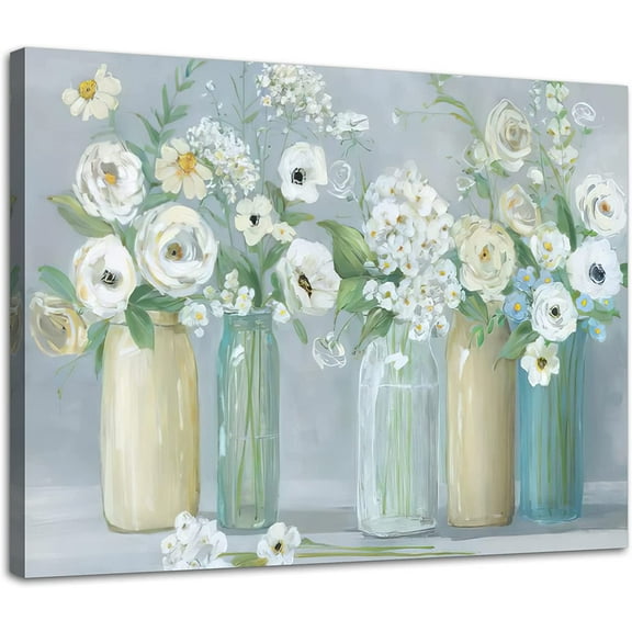 Bathroom Decor Flower Canvas Wall Art Modern Gallery Wall Decor Blooms in Mason Jar of White Flower Theme Painting Picture Artwork Wood Framed Wall Art Easy to Hang Size 12x16in