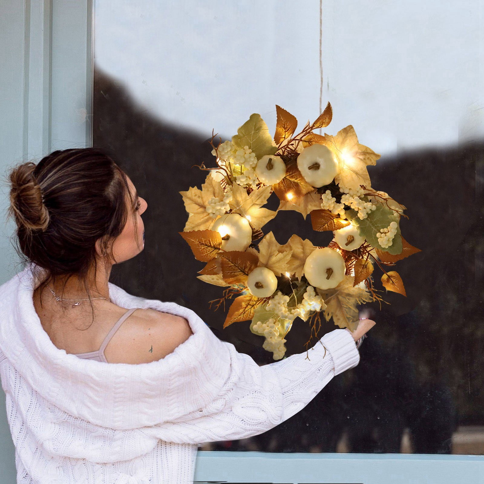 Bathroom Decor Maple Leaf Berry White Pumpkin Wreath Festival Farmhouse