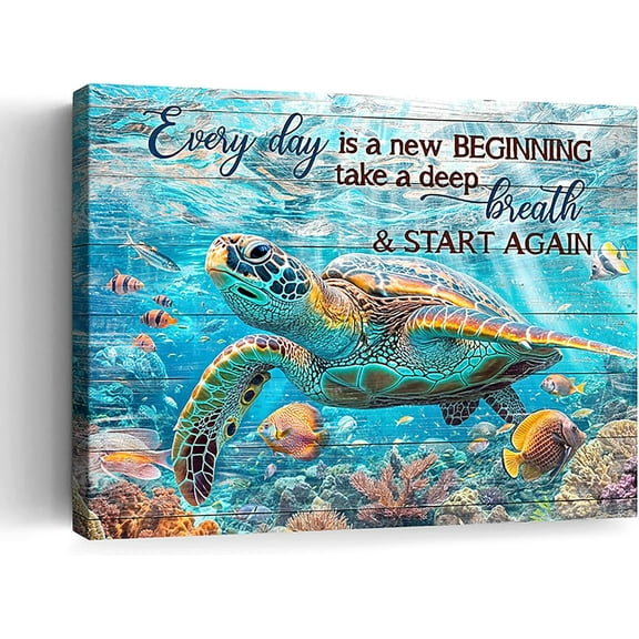 Bathroom Decor Sea Turtle Wall Art Blue Beach Ocean Inspirational Quotes Pictures Canvas Wall Decor Coastal Nautical Room Decor Print Painting Framed Artwork for Bedroom Office Kitchen 12"x16"